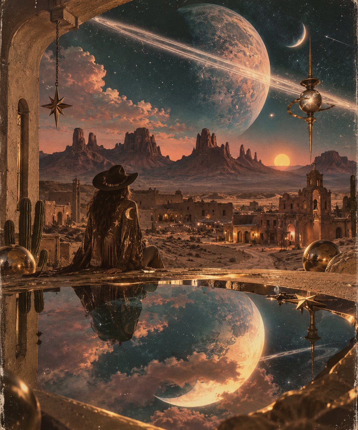 A figure in a cowboy hat and a fringed jacket stitched with stars and moons sits by a reflecting pool, looking over a desert pueblo at dusk under a ringed planet.