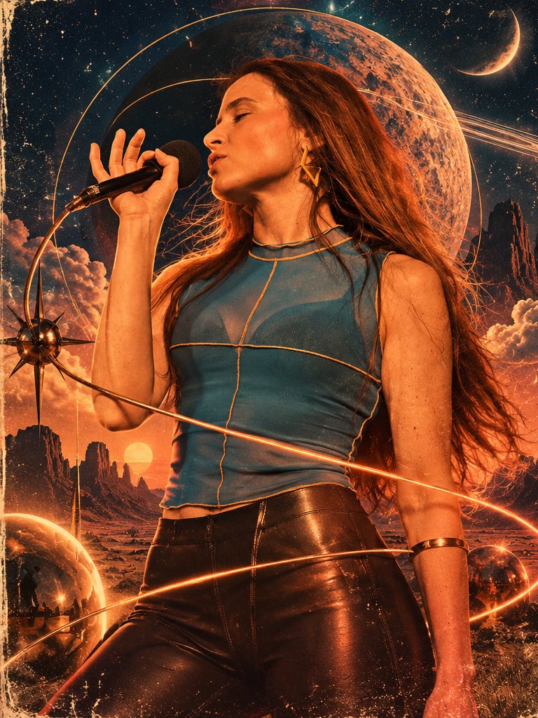 A Crewless vocalist sings into a microphone, a ringed planet and desert mesas behind her.